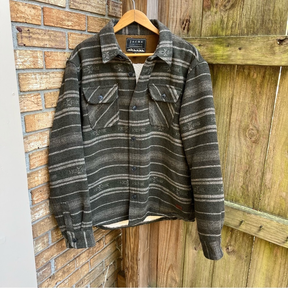 Jachs Wool Blend Sherpa Lined Dark Olive Striped Men's Shirt Jacket